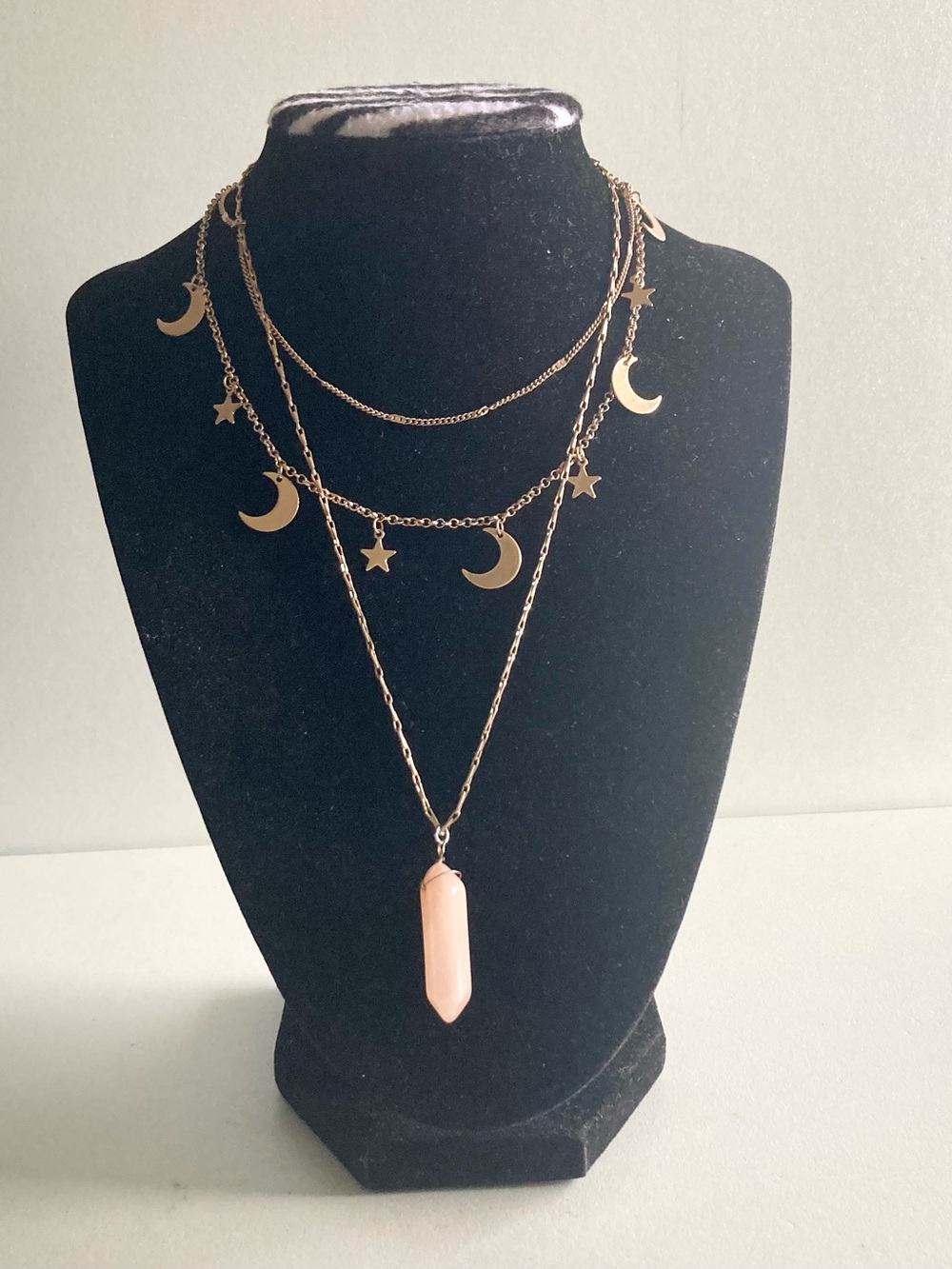 Gold tone Moon & Star Layered preloved Necklace with Pink Pendant